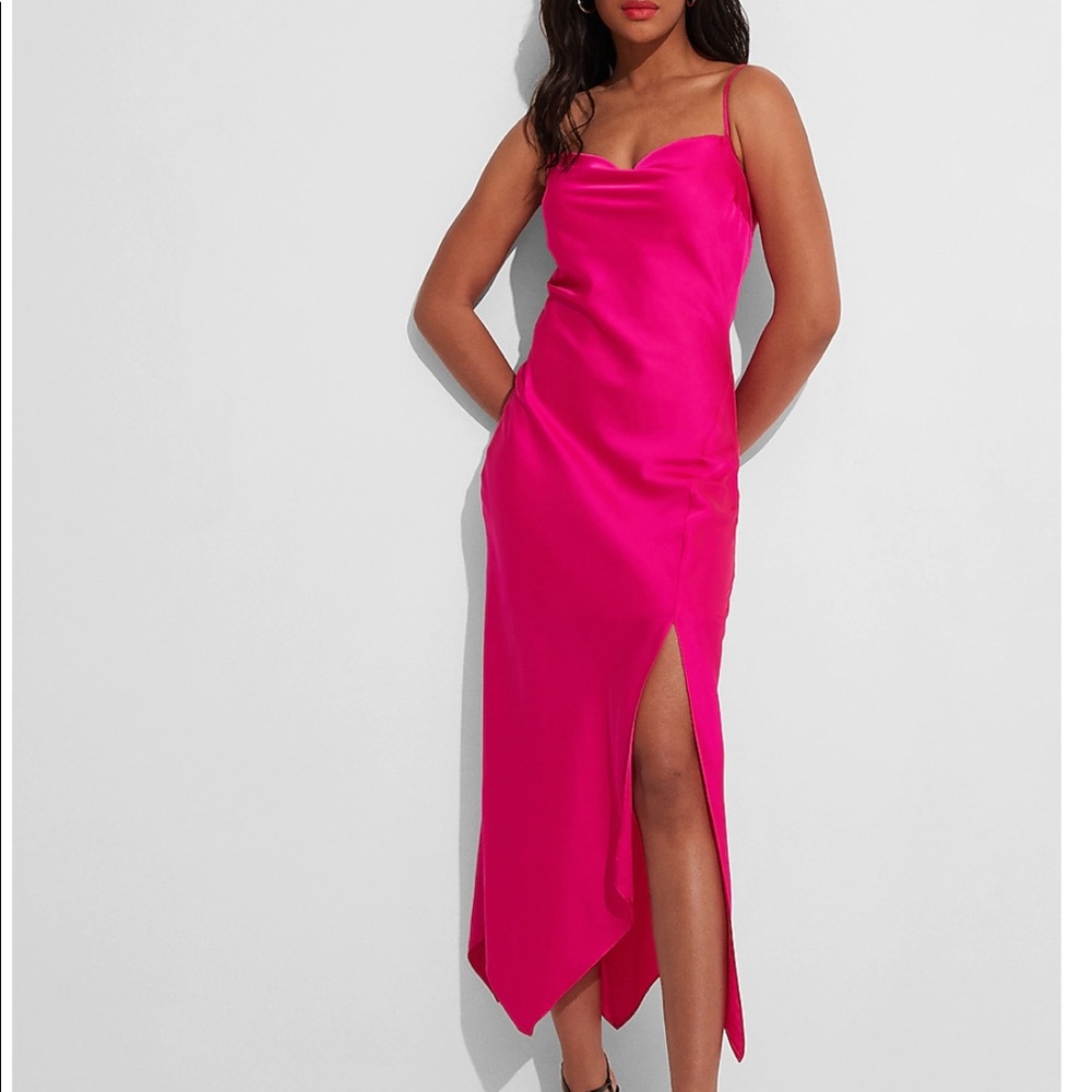 Conscious Edit Satin Cowl Neck Asymmetrical Hem Maxi Slip Fucsia Dress